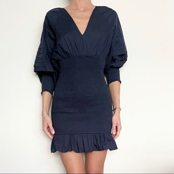 Rhode Smocked Cotton Poplin Mini Dress Navy Blue Large - Picture 1 of 5